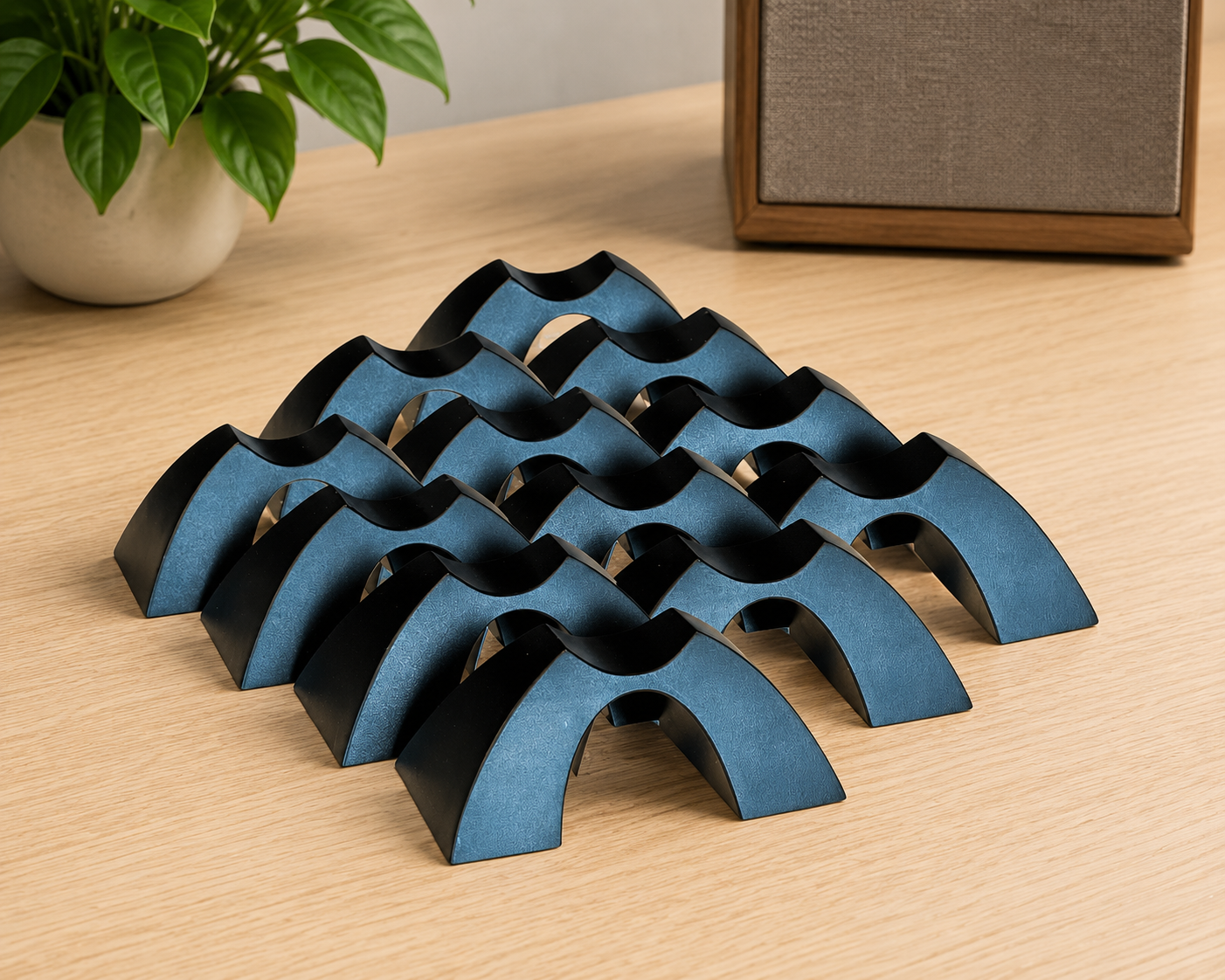 Twelve Cable Arch speaker cable elevators arranged on a light wood surface for consistent cable routing and spacing.
