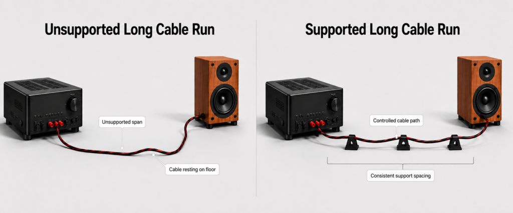 Side-by-side 3D illustration comparing an unsupported long speaker cable resting on the floor with a supported long cable run elevated by evenly spaced Cable Arch-style supports.