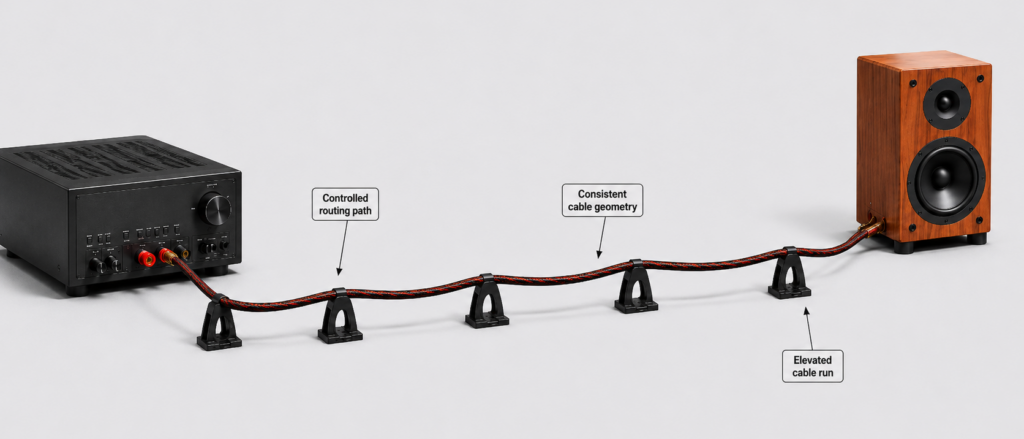 3D technical illustration showing a speaker cable routed from an amplifier to a speaker using evenly spaced Cable Arch-style supports for an elevated and controlled cable path.