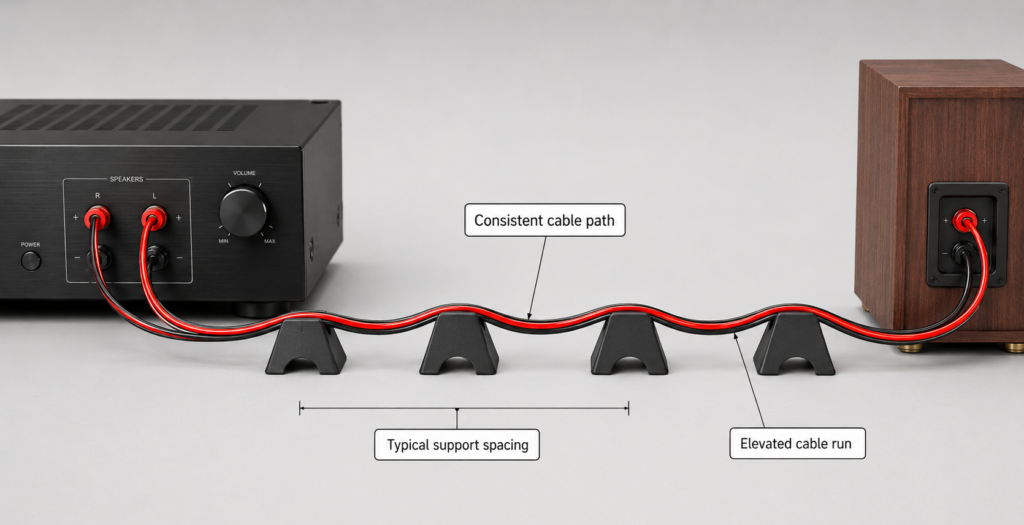3D illustration showing speaker cable routed from an amplifier to a speaker using Cable Arch-style supports to create a consistent elevated cable path.