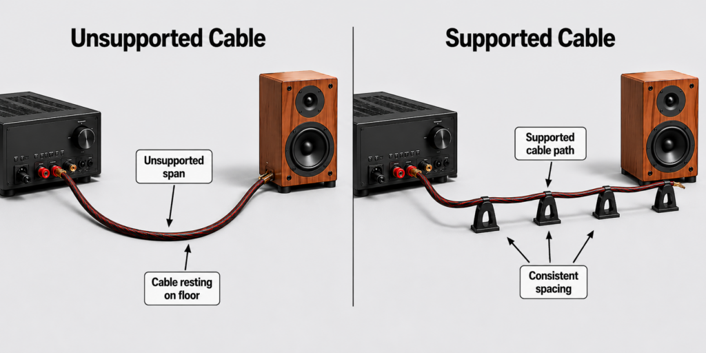 Side-by-side technical illustration comparing an unsupported heavy speaker cable sagging between an amplifier and speaker with a supported cable held on Cable Arch-style supports.
