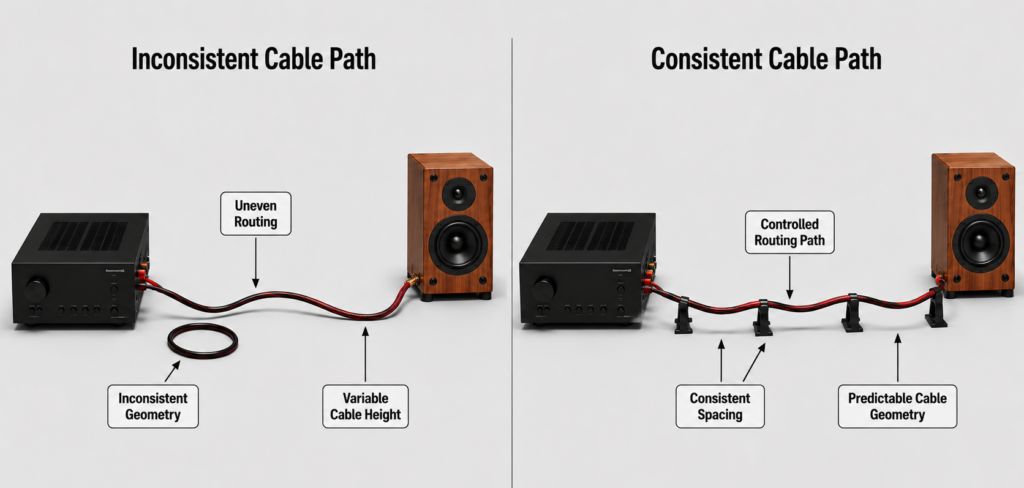 Side-by-side 3D illustration comparing an inconsistent speaker cable path with uneven routing and a cable loop to a consistent speaker cable path supported by Cable Arch-style risers.