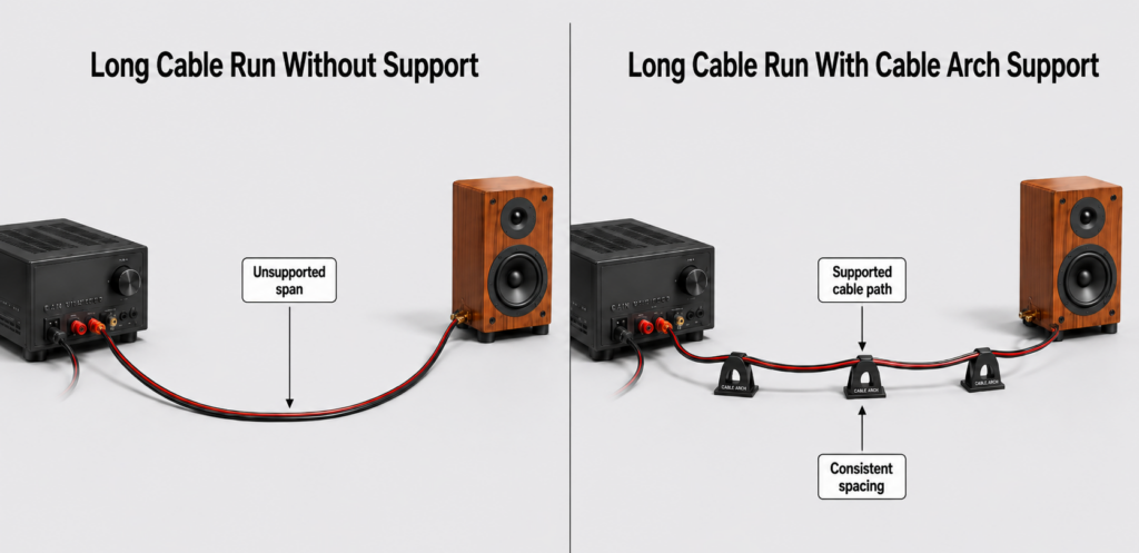 Side-by-side 3D illustration comparing a long unsupported speaker cable run sagging between an amplifier and speaker with a supported cable run using Cable Arch-style supports.
