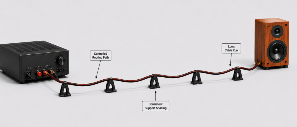3D technical illustration showing a long speaker cable run from an amplifier to a speaker, supported by evenly spaced Cable Arch-style risers along a controlled routing path.