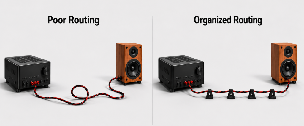 Side-by-side 3D illustration comparing poor speaker cable routing with an unmanaged cable loop on the floor to organized speaker cable routing using Cable Arch-style supports.