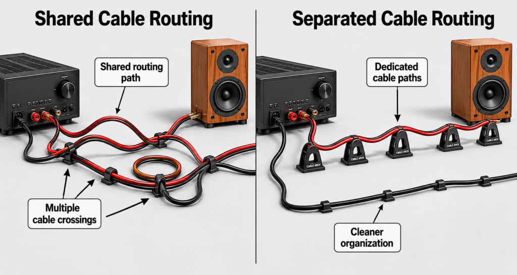 Side-by-side technical illustration comparing shared cable routing with speaker cables and a power cord crossing on the left, and separated speaker cable and power cord paths on the right.