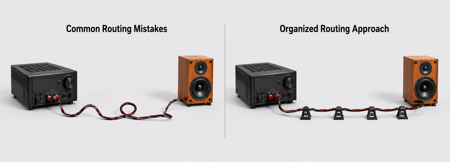 Side-by-side technical illustration comparing a less controlled speaker cable run with extra bends and a small loop on the left, and a smoother supported cable path with evenly spaced cable risers on the right.
