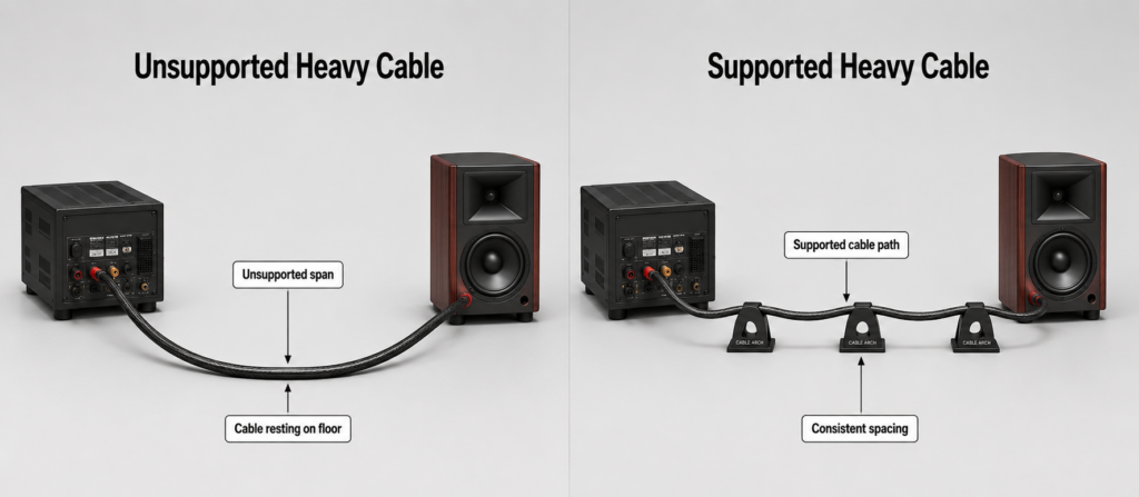 Side-by-side 3D illustration comparing an unsupported heavy speaker cable sagging onto the floor with a supported heavy cable held above the floor by Cable Arch-style supports.